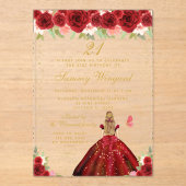 Rood Bloemen Blond Haar Prinses Verjaardagsfeest Acryl Uitnodigingen (Voorkant)