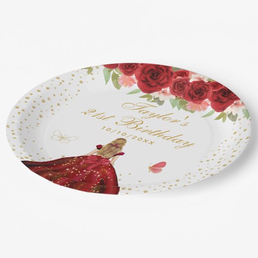 Rood Bloemen Blond Haar Prinses Verjaardagsfeest Papieren Bordje (Gekanteld)