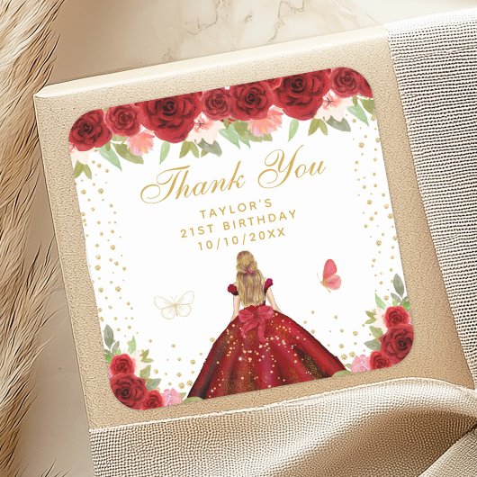 Rood Bloemen Blond Haar Prinses Verjaardagsfeest Vierkante Sticker