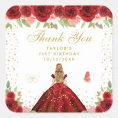 Rood Bloemen Blond Haar Prinses Verjaardagsfeest Vierkante Sticker (Voorkant)