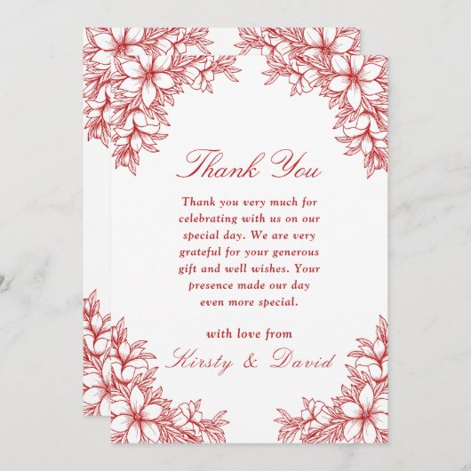 Rood  Bloemen Bruiloft Bedankkaart (Voorkant / Achterkant)