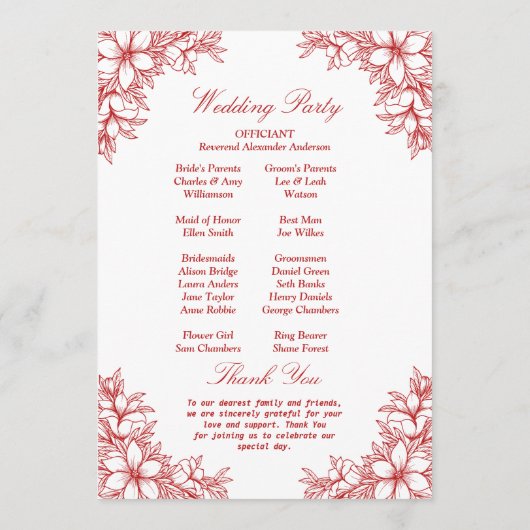 Rood  Bloemen Bruiloft Programmakaart (Achterkant)
