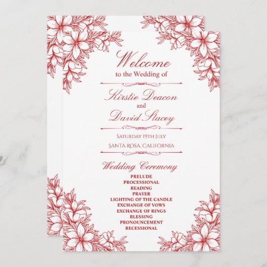 Rood  Bloemen Bruiloft Programmakaart (Voorkant / Achterkant)