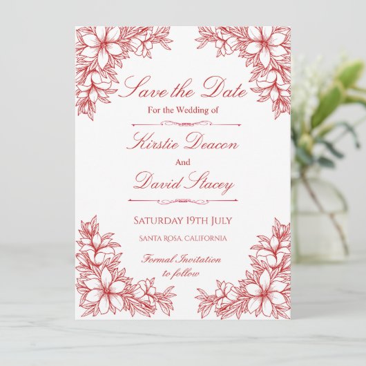 Rood Bloemen Bruiloft Uitnodiging (Staand voorkant)