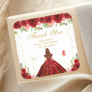 Rood Bloemen Bruin Haar Prinses Verjaardagsfeest Vierkante Sticker