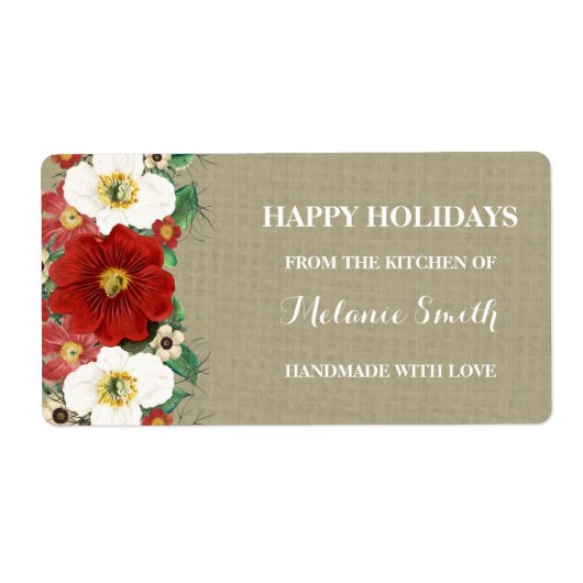 Rood Bloemen Burlap Kerst Baking Labels (Voorkant)