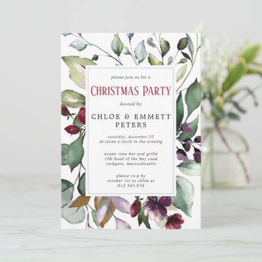 Rood Bloemen Groen Bladeren Kerstfeest Kaart (Staand voorkant)