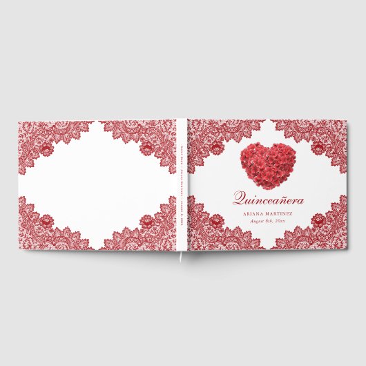 Rood Bloemen Kant Rustiek 15e verjaardag Quinceañe Gastenboek (Volledig)