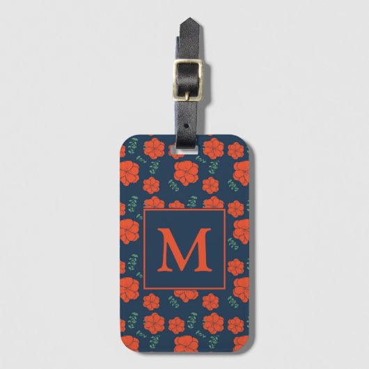 Rood Bloemen Patroon Donkerblauw Monogram Bagagelabel (Voorkant (verticaal))