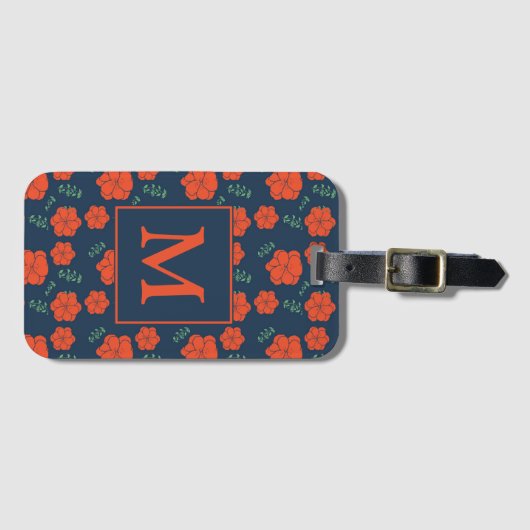 Rood Bloemen Patroon Donkerblauw Monogram Bagagelabel (Voorkant (horizontaal))