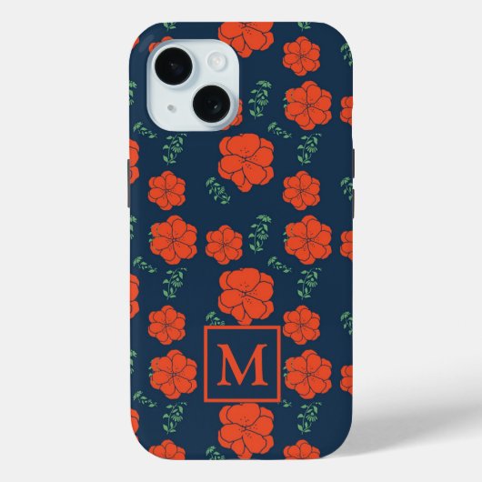 Rood Bloemen Patroon Donkerblauw Monogram Case-Mate iPhone Case (Achterkant)