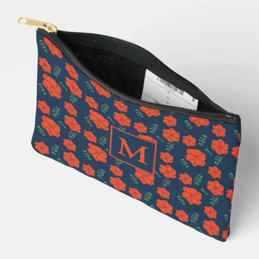 Rood Bloemen Patroon Donkerblauw Monogram Etui (Open)