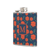 Rood Bloemen Patroon Donkerblauw Monogram Heupfles (Links)