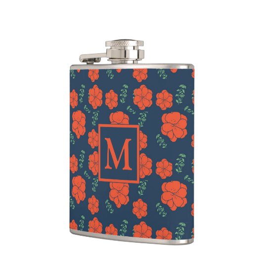 Rood Bloemen Patroon Donkerblauw Monogram Heupfles (Links)