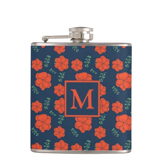 Rood Bloemen Patroon Donkerblauw Monogram Heupfles (Voorkant)
