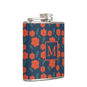 Rood Bloemen Patroon Donkerblauw Monogram Heupfles (Rechts)