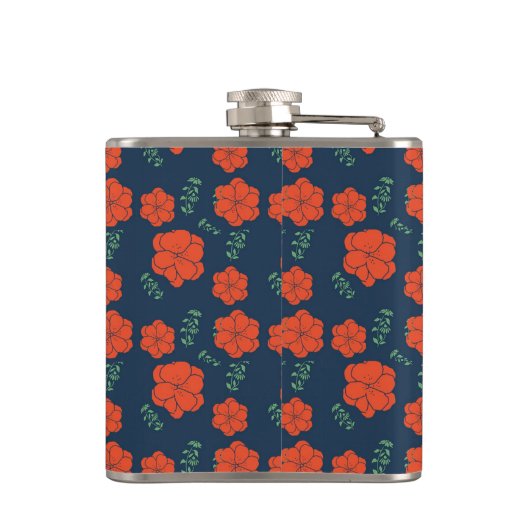 Rood Bloemen Patroon Donkerblauw Monogram Heupfles (Achterkant)