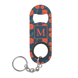 Rood Bloemen Patroon Donkerblauw Monogram Mini Flessenopener