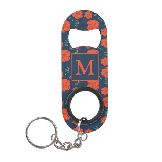 Rood Bloemen Patroon Donkerblauw Monogram Mini Flessenopener (Voorkant)