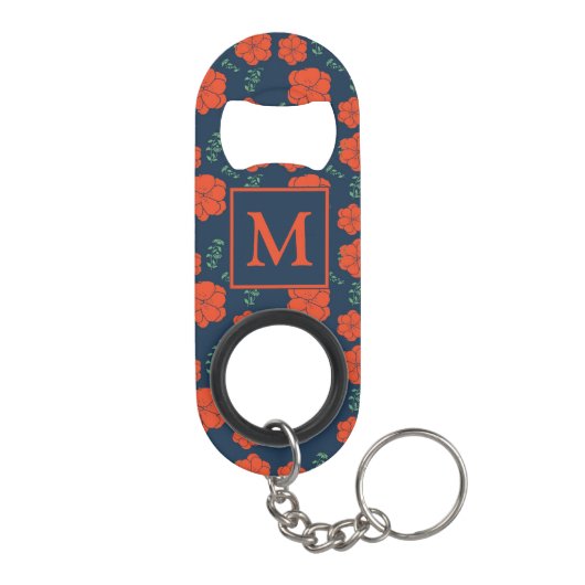 Rood Bloemen Patroon Donkerblauw Monogram Mini Flessenopener (Achterkant)