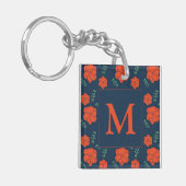 Rood Bloemen Patroon Donkerblauw Monogram Sleutelhanger (Voorkant Links)