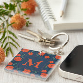 Rood Bloemen Patroon Donkerblauw Monogram Sleutelhanger (Voorkant Rechts)