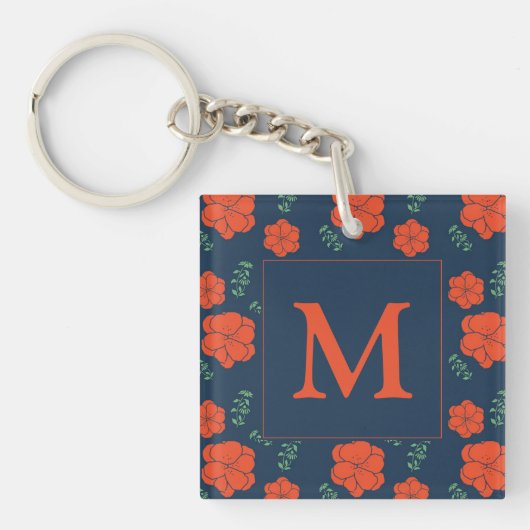 Rood Bloemen Patroon Donkerblauw Monogram Sleutelhanger (Voorkant)