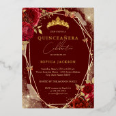 Rood Bloemen Roos Goud Tiara Quinceanera Folie Inv Folie Uitnodiging (Voorkant)