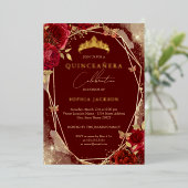 Rood Bloemen Roos Goud Tiara Quinceanera Folie Inv Folie Uitnodiging (Staand Voorkant)