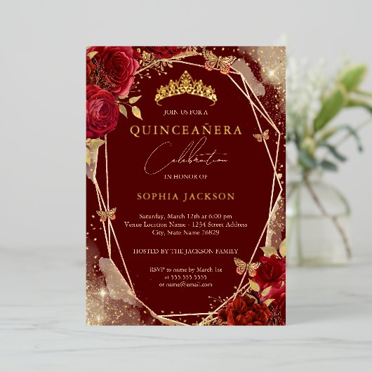 Rood Bloemen Roos Goud Tiara Quinceanera Folie Inv Folie Uitnodiging (Staand Voorkant)