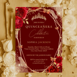 Rood Bloemen Roos Goud Tiara Quinceanera Folie Inv Uitnodiging