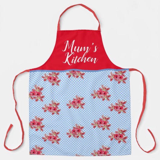Rood Bloemen Shabby Chic Blauw Gingham Mums Keuken Schort (Voorkant)