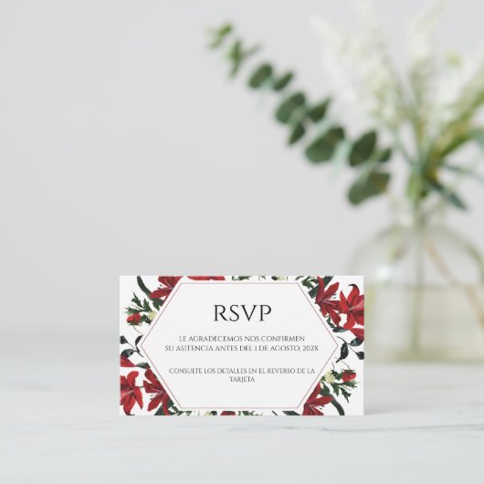 Rood Bloemen Spaans Bruiloft RSVP Kaart (Staand voorkant)