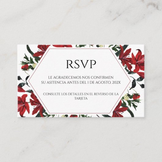 Rood Bloemen Spaans Bruiloft RSVP Kaart (Voorkant)