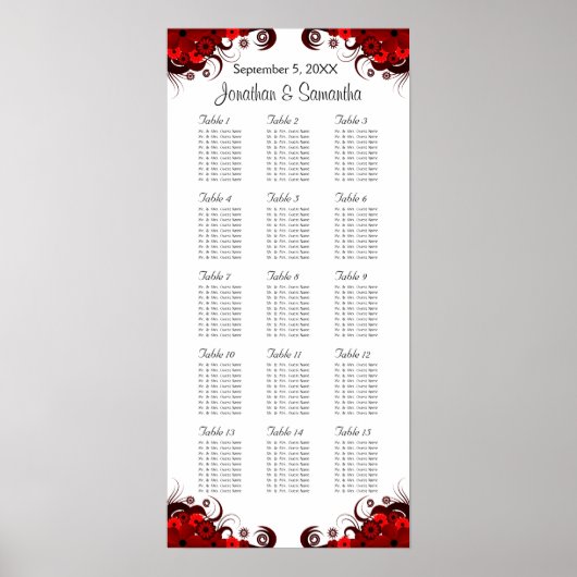 Rood Bloemen & Wit 15 Bruiloft Tafels Zitgrafiek Poster (Voorkant)