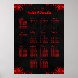 Rood Bloemen & Zwart 14 Tafels Zitkaarten Poster