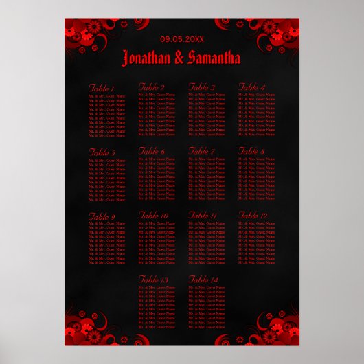 Rood Bloemen & Zwart 14 Tafels Zitkaarten Poster (Voorkant)