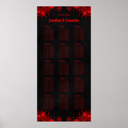 Rood Bloemen & Zwart 15 Tafels Zitkaarten Poster (Voorkant)