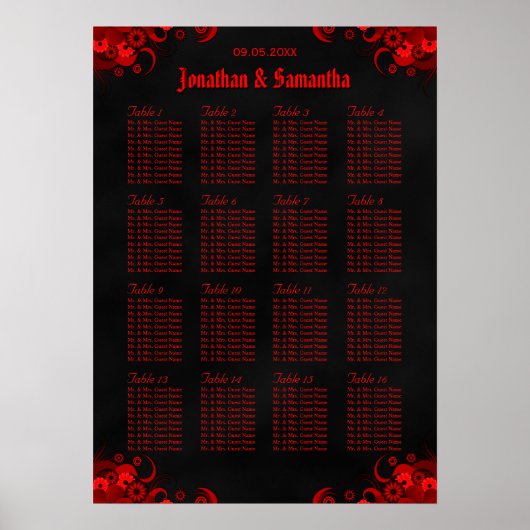 Rood Bloemen & Zwart 16 Tafels Zitting Chart Poster (Voorkant)