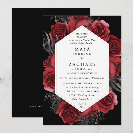 Rood Bloemen & Zwart Bruiloft - Zwart V3 Kaart (Voorkant / Achterkant)