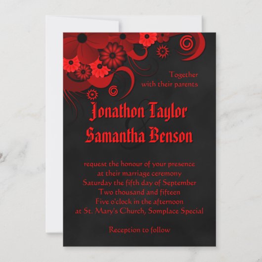 Rood Bloemen Zwart Chalkboard Gotische Bruiloft Ui Kaart (Voorkant)