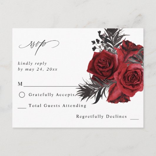 Rood Bloemen & Zwart Geen Maaltijd RSVP V2 Briefkaart (Voorkant)