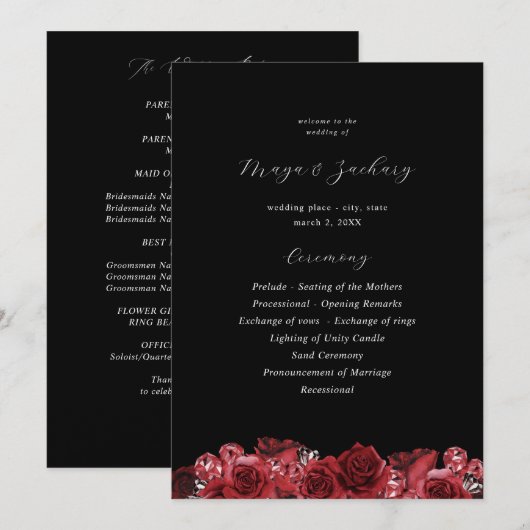 Rood Bloemen & Zwart Huwelijksceremonie Programma  (Voorkant / Achterkant)
