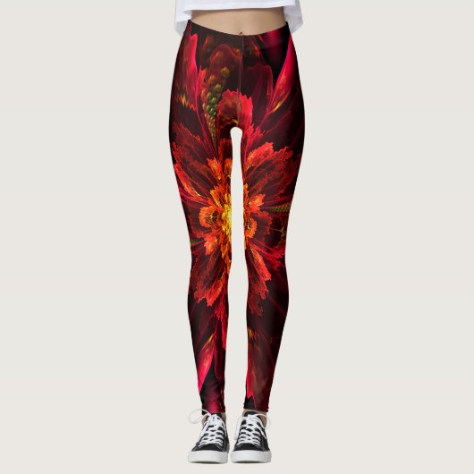 Rood bloemfractal art leggings (Voorkant)