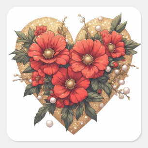 💎 Rood Bloemhart Accent Voor Huwelijksstationery Vierkante Sticker
