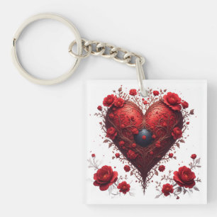 Rood Bloemhartontwerp met Bloeiende Bloemen Sleutelhanger