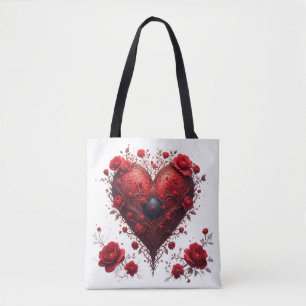 Rood Bloemhartontwerp met Bloeiende Bloemen Tote Bag