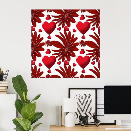 Rood Bloemhartpatroon Esthetisch Romantisch Bloemm Poster (Thuiskantoor)
