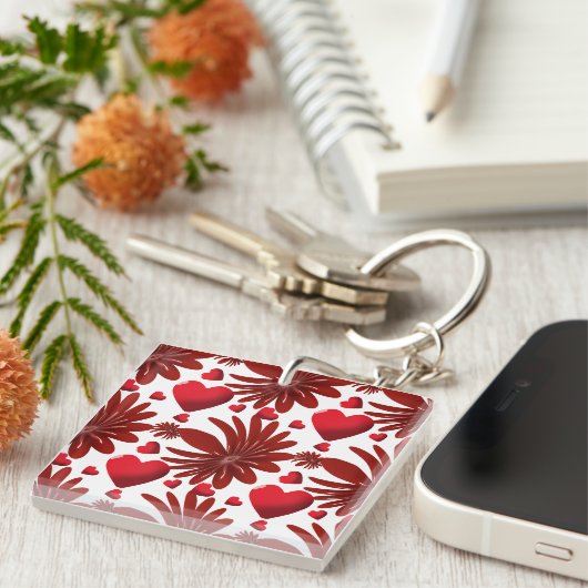Rood Bloemhartpatroon Esthetisch Romantisch Bloemm Sleutelhanger (Voorkant Rechts)