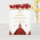 Rood bloemig blond haar meisje verjaardag kaart (Gele Bloem)